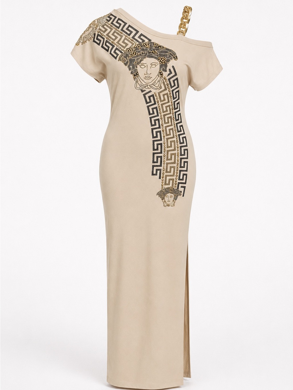 Beige Embellished One-Shoulder Maxi Dress